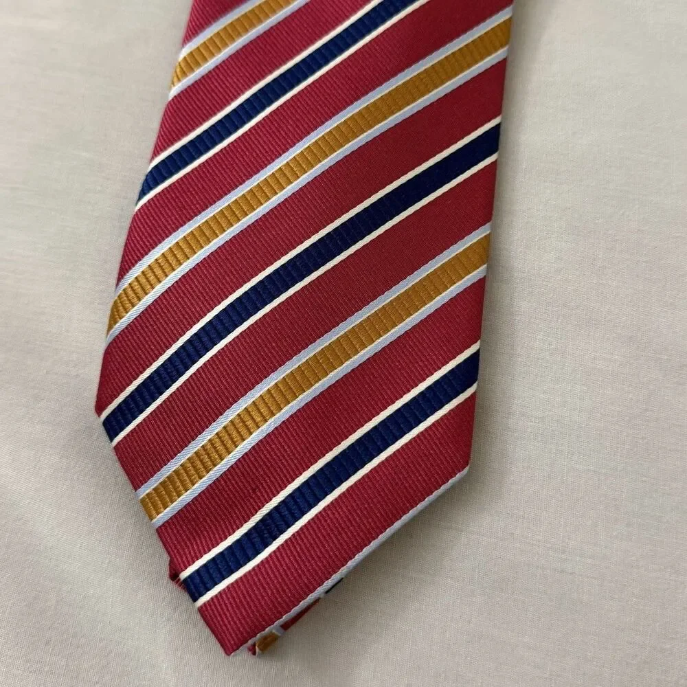 David Donahue Luxury Tie Red Blue Striped Silk Necktie Woven In Italy Made USA